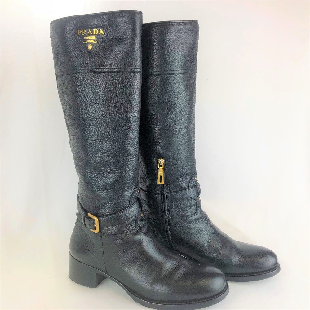 PRADA Boot Knee High Black Leather Riding Boot - Picture 1 of 8